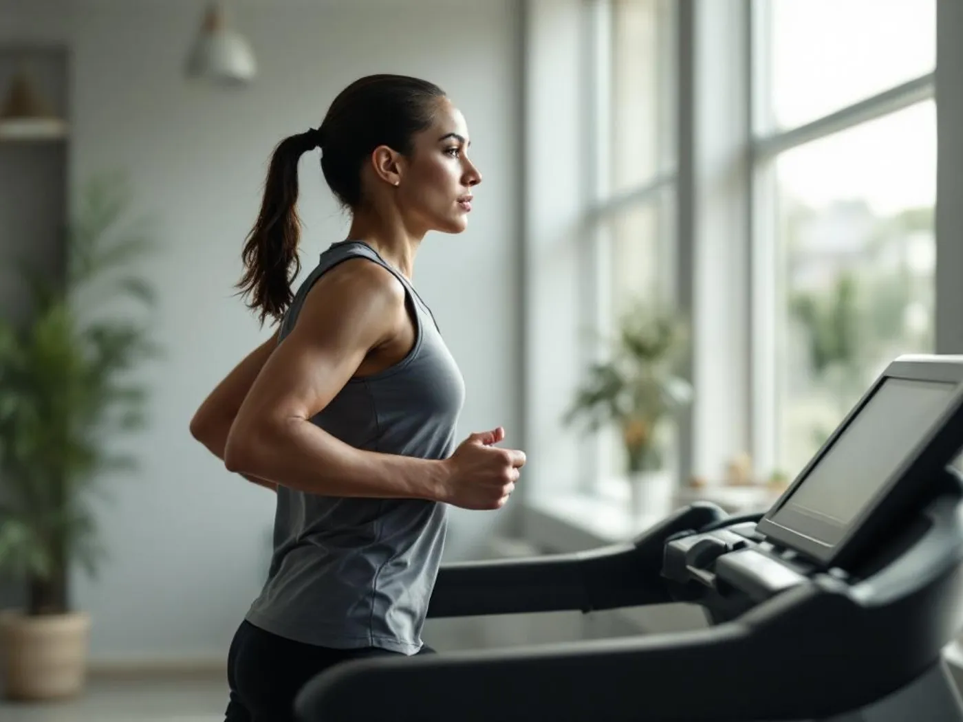 Ultra realistic photograph of a person running on a treadmill in a modern gym, metaphorical representation of the hedonic tre