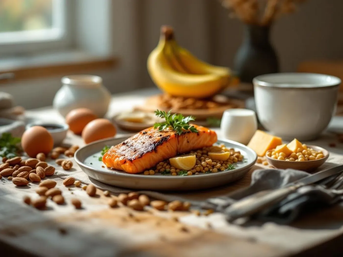 Ultra realistic photograph of a serene breakfast table scene with tryptophan-rich foods artfully arranged, including grilled