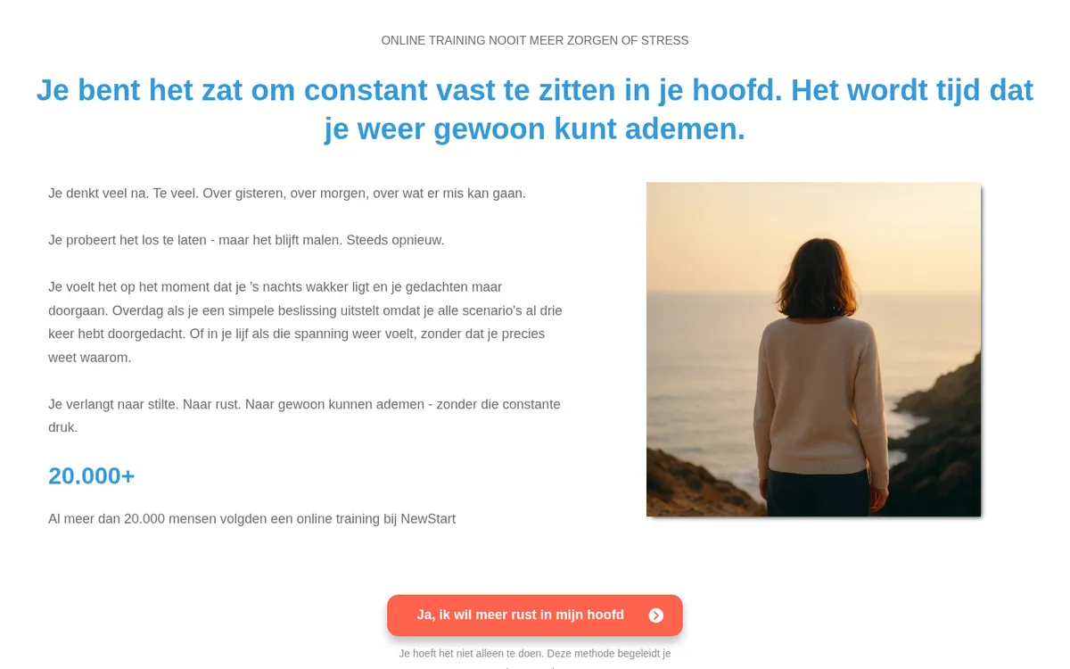 Nooit Meer Zorgen of Stress — bovenkant van de officiële cursuspagina
